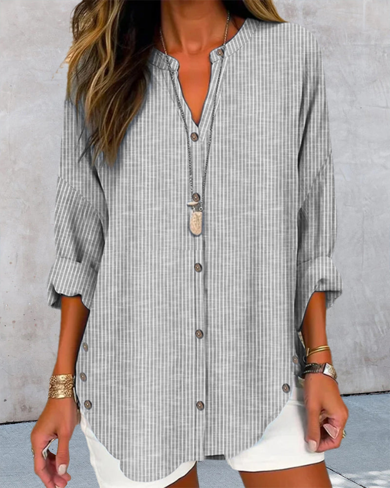 Striped Linen Stand Collar Roll Tab Sleeve Oversized Casual Blouse