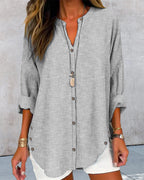 Striped Linen Stand Collar Roll Tab Sleeve Oversized Casual Blouse