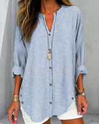 Striped Linen Stand Collar Roll Tab Sleeve Oversized Casual Blouse