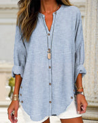 Striped Linen Stand Collar Roll Tab Sleeve Oversized Casual Blouse