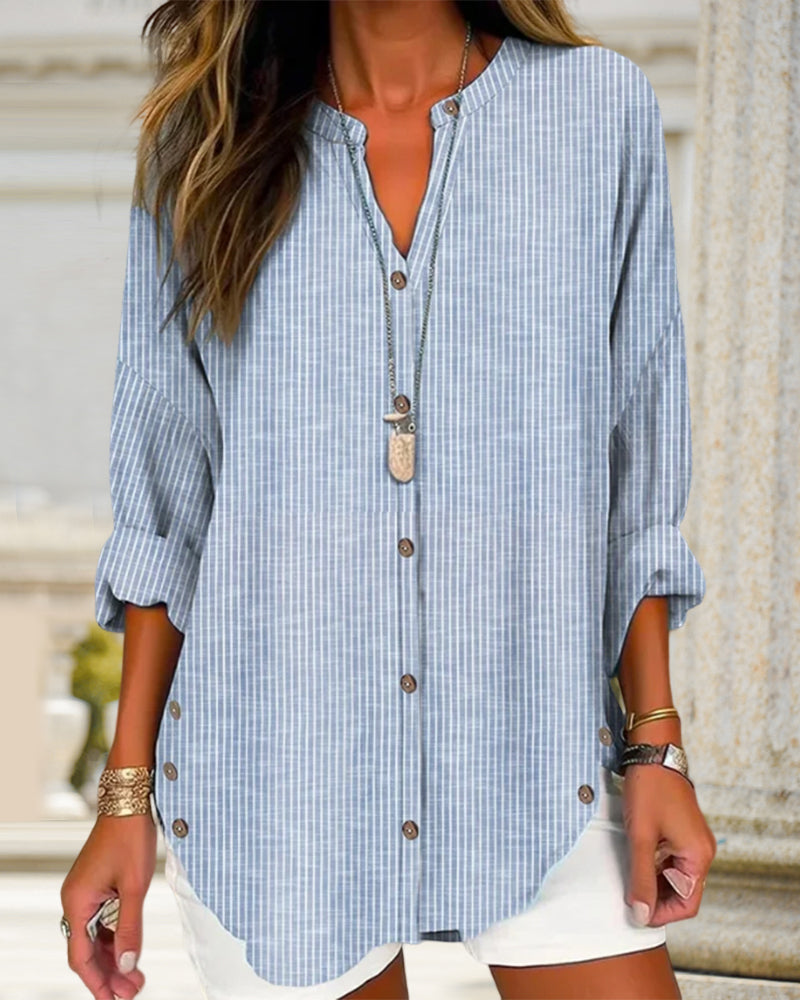 Striped Linen Stand Collar Roll Tab Sleeve Oversized Casual Blouse