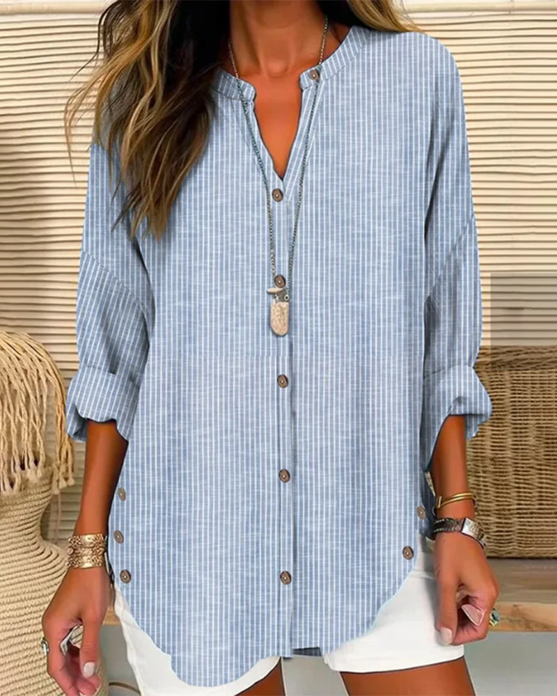 Striped Linen Stand Collar Roll Tab Sleeve Oversized Casual Blouse