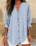 Striped Linen Stand Collar Roll Tab Sleeve Oversized Casual Blouse