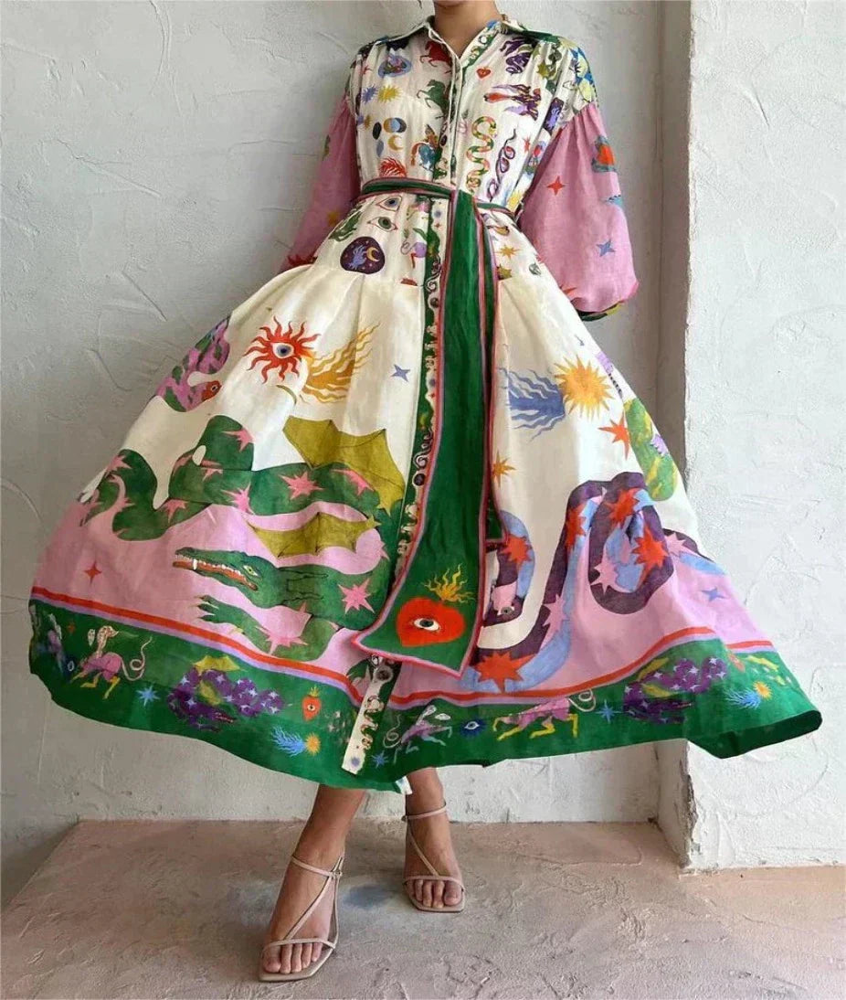 Graphic Print Balloon Sleeve Belted Shirt Maxi Dress