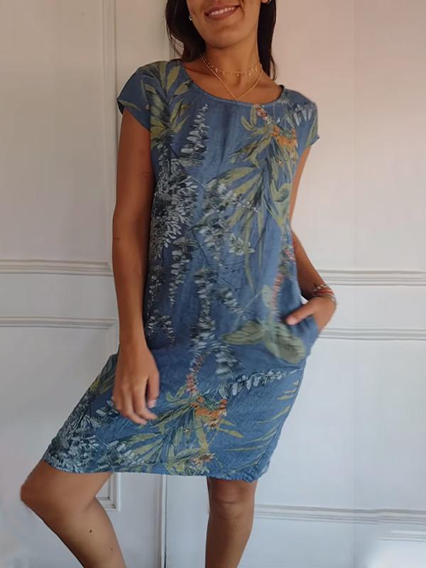 Tropical Botanical Print Cap Sleeve Pocket Casual Linen Dress