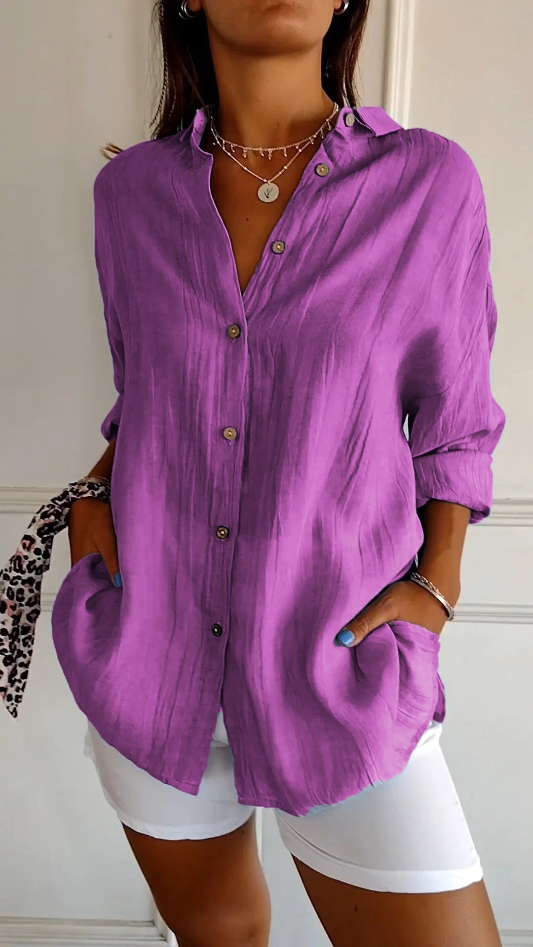 Crinkle Texture Oversized Linen Button Down Shirt
