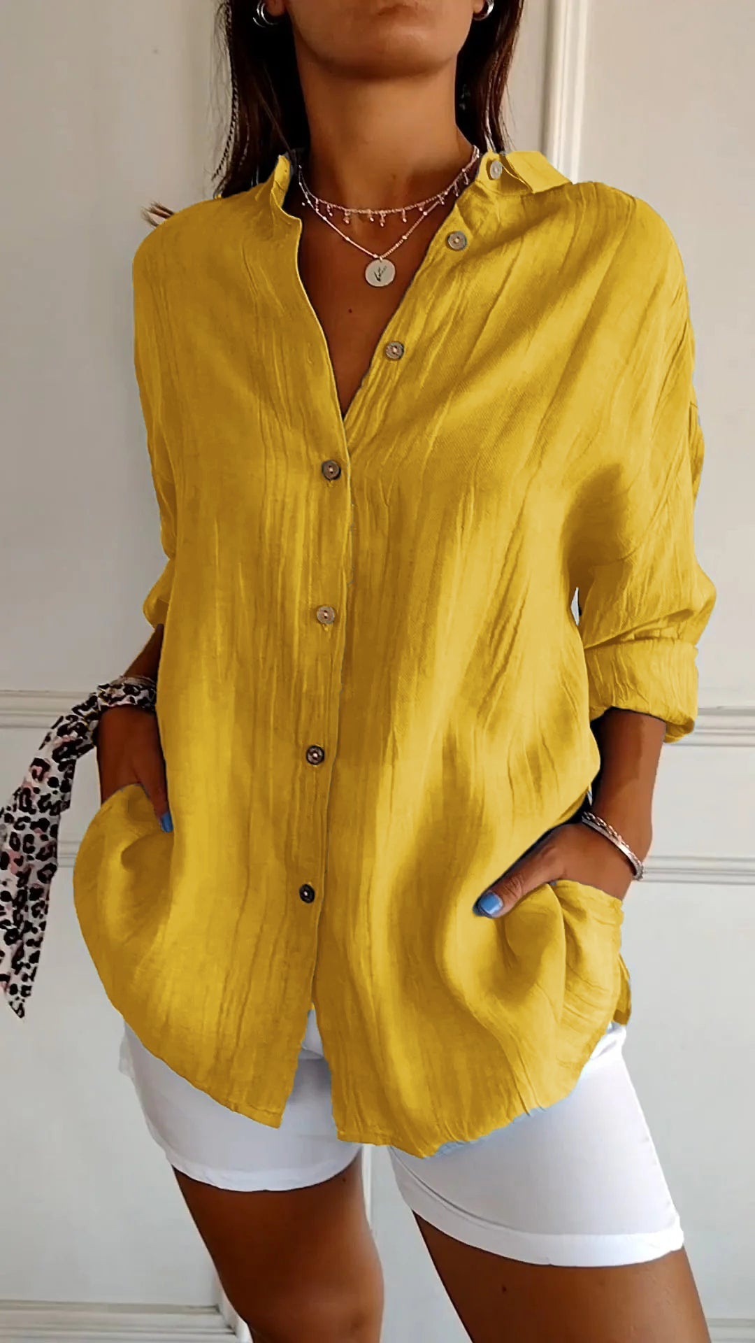Crinkle Texture Oversized Linen Button Down Shirt