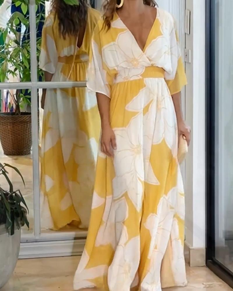 Oversized Floral Twist Front Flutter Sleeve Flowy Maxi Dress