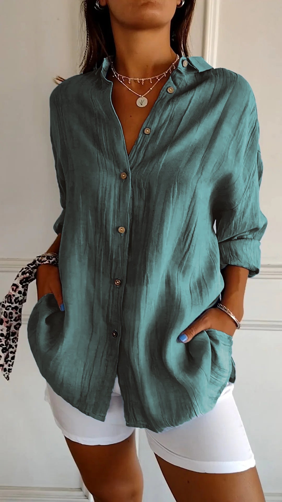 Crinkle Texture Oversized Linen Button Down Shirt