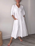 V Neck Puff Sleeve Pocket Relaxed Linen Maxi Dress