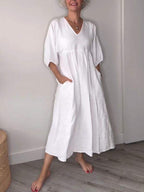 V Neck Puff Sleeve Pocket Relaxed Linen Maxi Dress