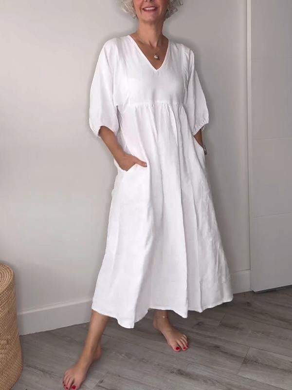 V Neck Puff Sleeve Pocket Relaxed Linen Maxi Dress
