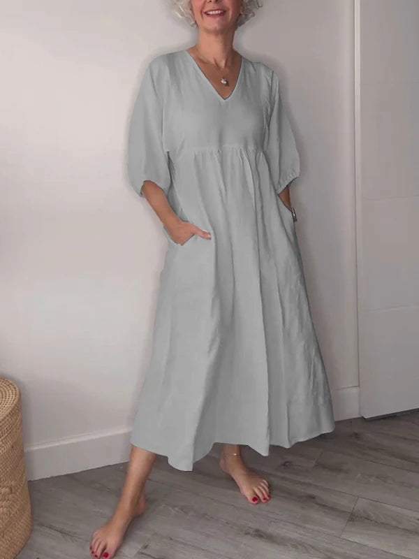 V Neck Puff Sleeve Pocket Relaxed Linen Maxi Dress