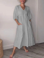 V Neck Puff Sleeve Pocket Relaxed Linen Maxi Dress
