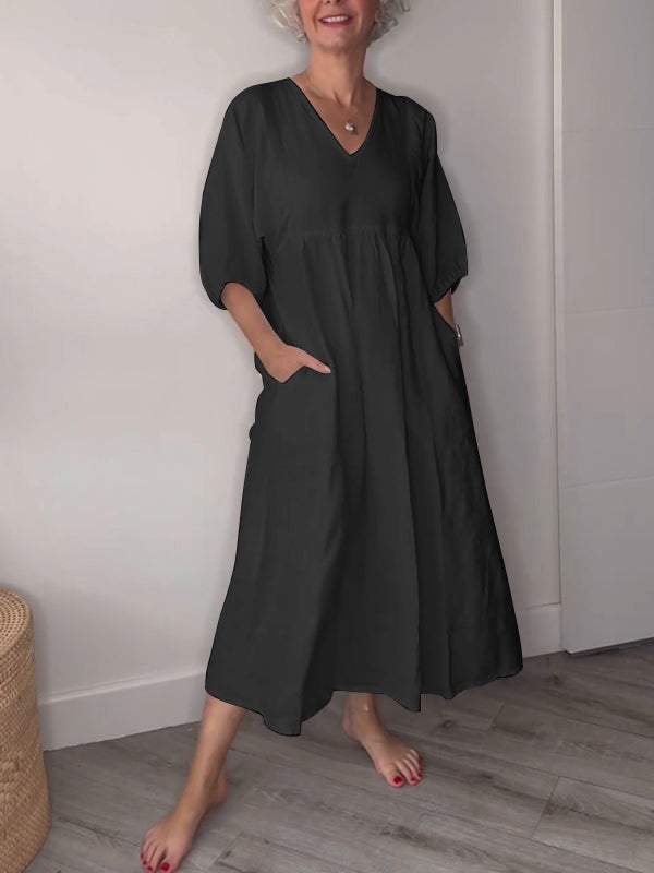 V Neck Puff Sleeve Pocket Relaxed Linen Maxi Dress