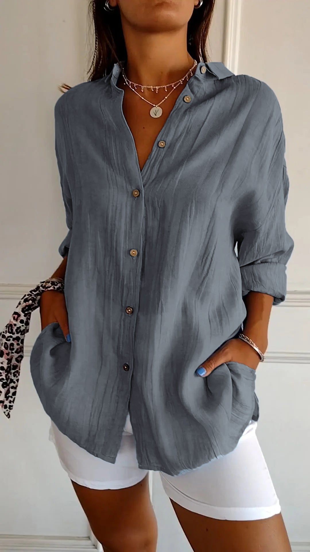 Crinkle Texture Oversized Linen Button Down Shirt
