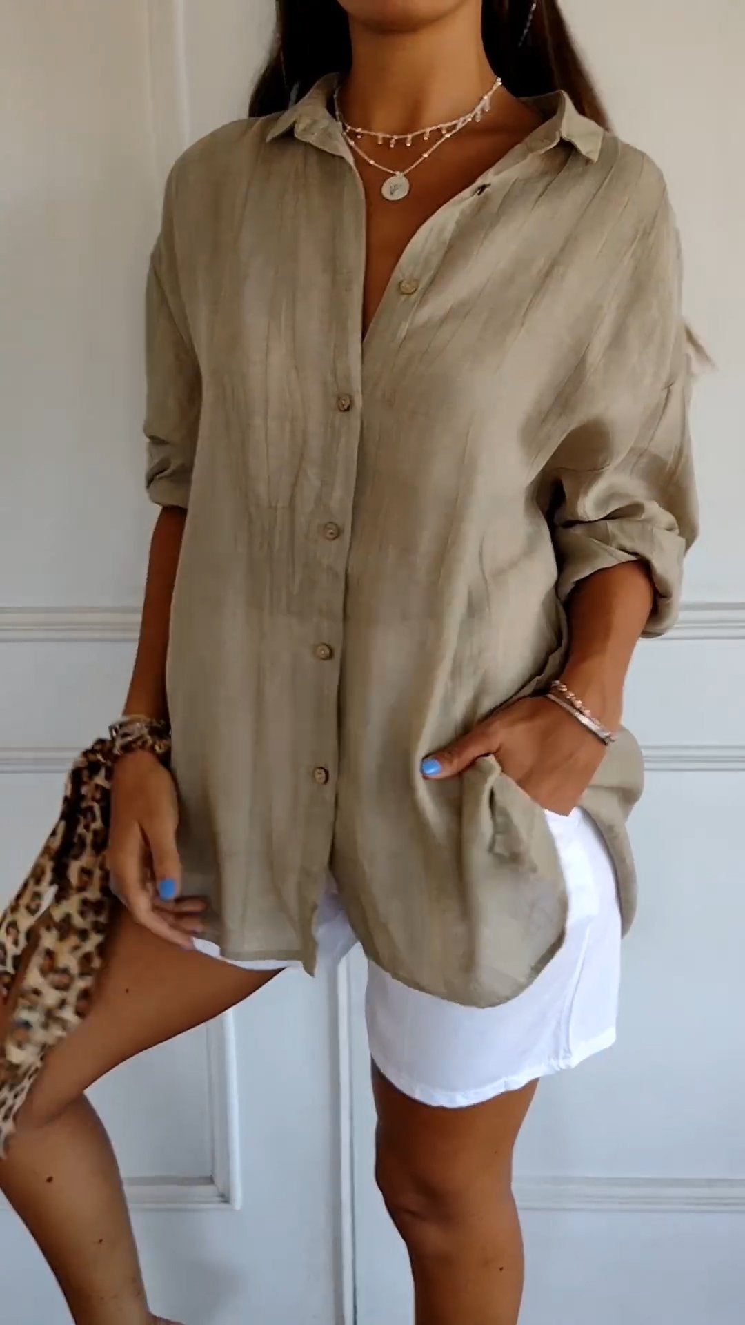 Crinkle Texture Oversized Linen Button Down Shirt