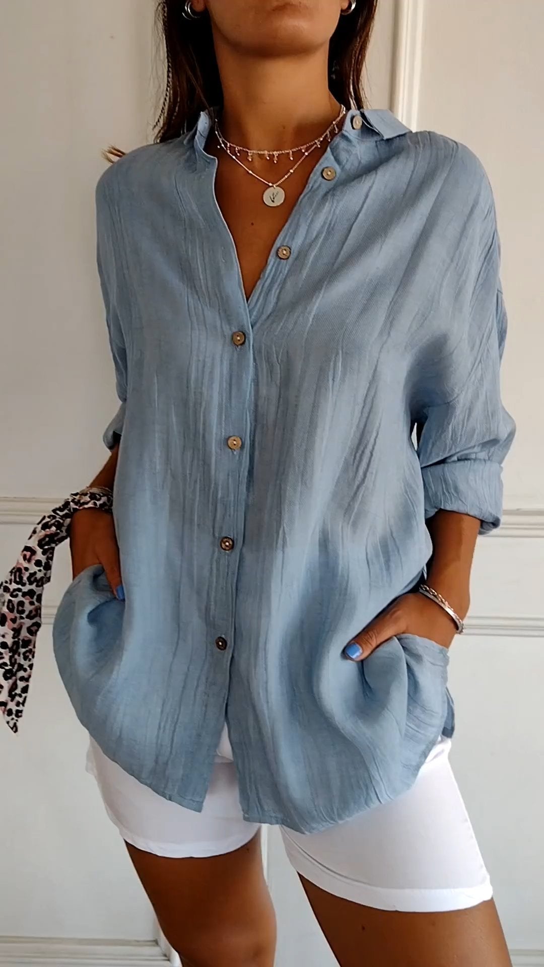 Crinkle Texture Oversized Linen Button Down Shirt