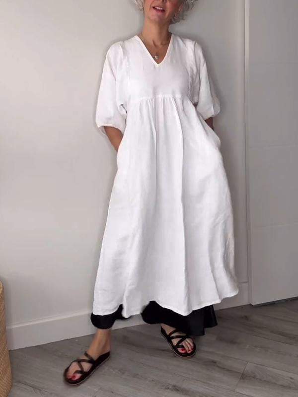 V Neck Puff Sleeve Pocket Relaxed Linen Maxi Dress