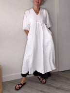 V Neck Puff Sleeve Pocket Relaxed Linen Maxi Dress