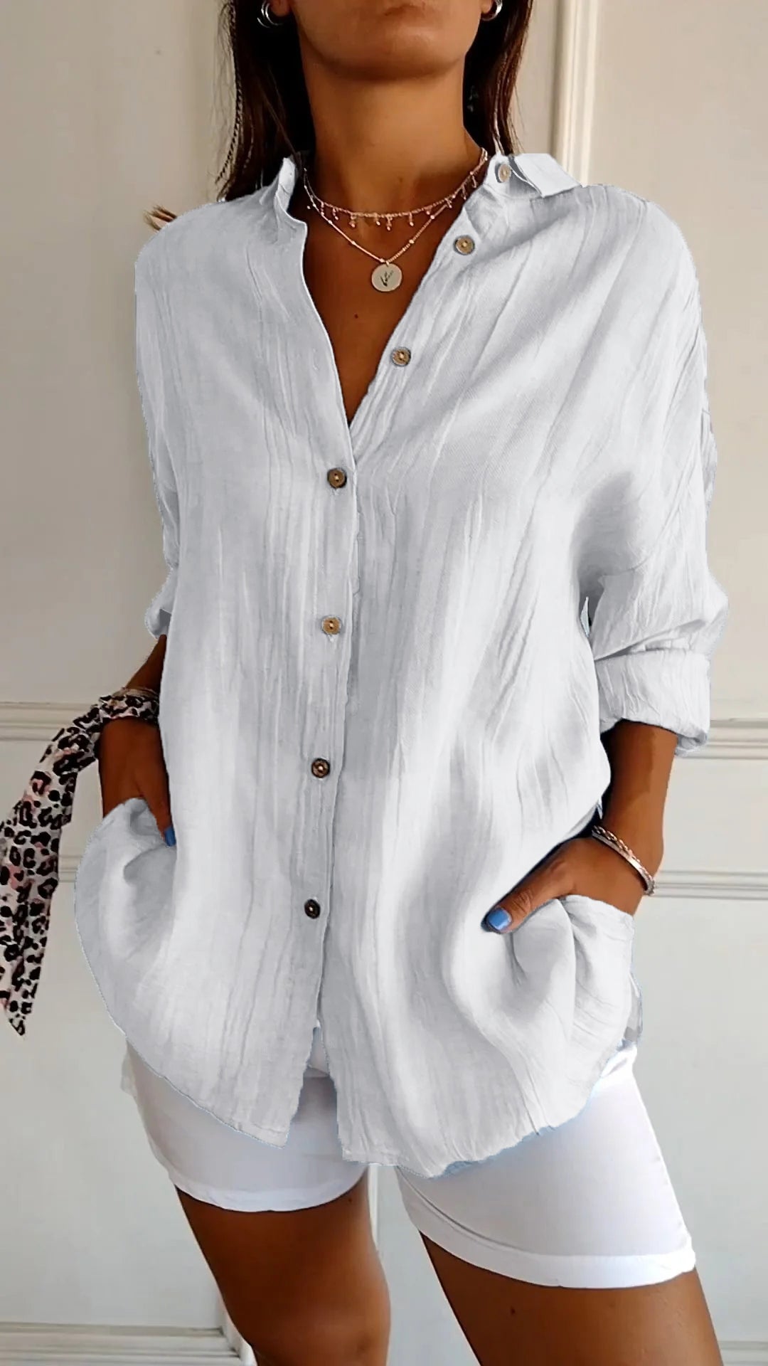 Crinkle Texture Oversized Linen Button Down Shirt