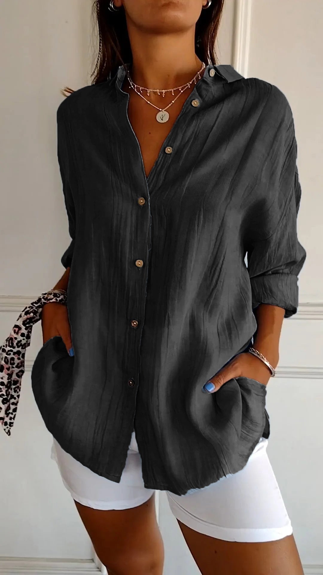 Crinkle Texture Oversized Linen Button Down Shirt