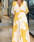 Oversized Floral Twist Front Flutter Sleeve Flowy Maxi Dress