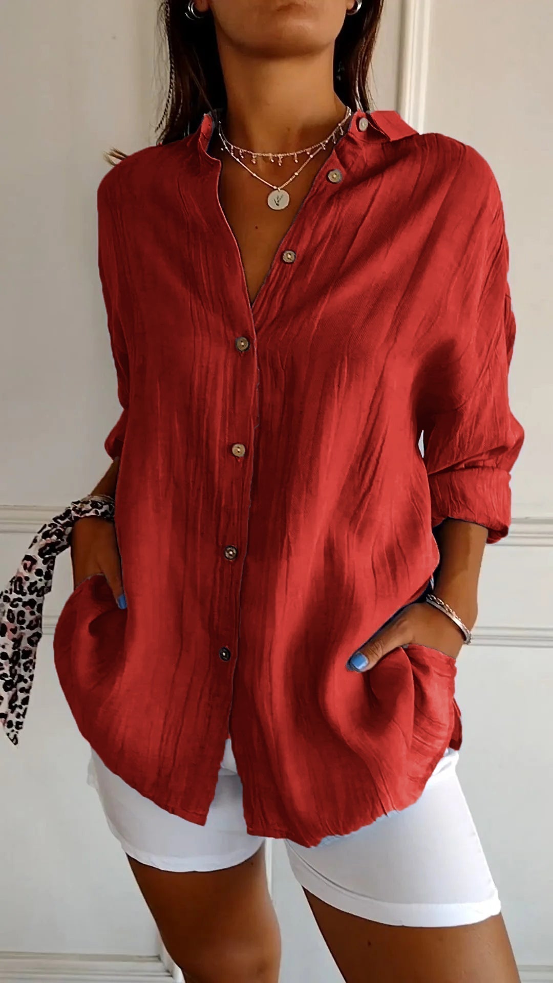 Crinkle Texture Oversized Linen Button Down Shirt