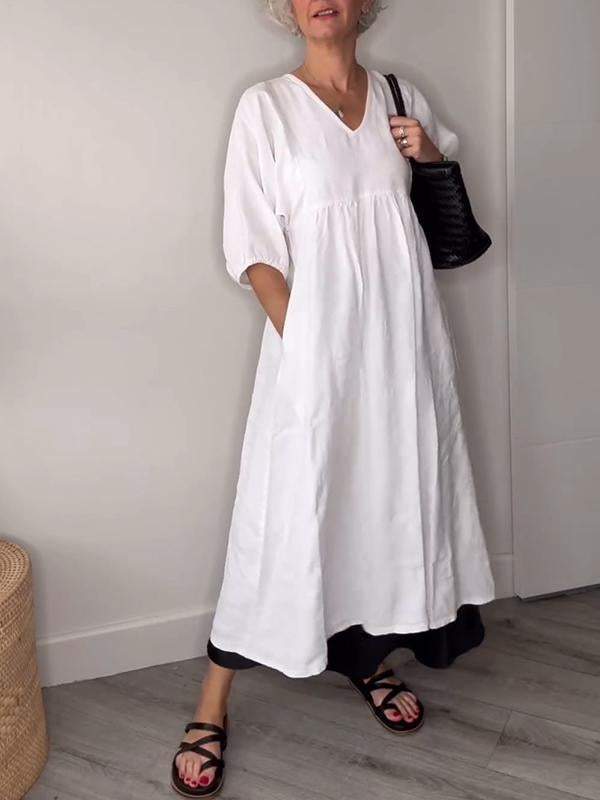 V Neck Puff Sleeve Pocket Relaxed Linen Maxi Dress