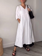 V Neck Puff Sleeve Pocket Relaxed Linen Maxi Dress