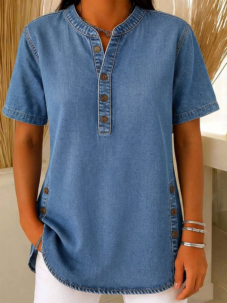 Denim Henley Button Placket Side Vent Casual Blouse