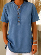 Denim Henley Button Placket Side Vent Casual Blouse