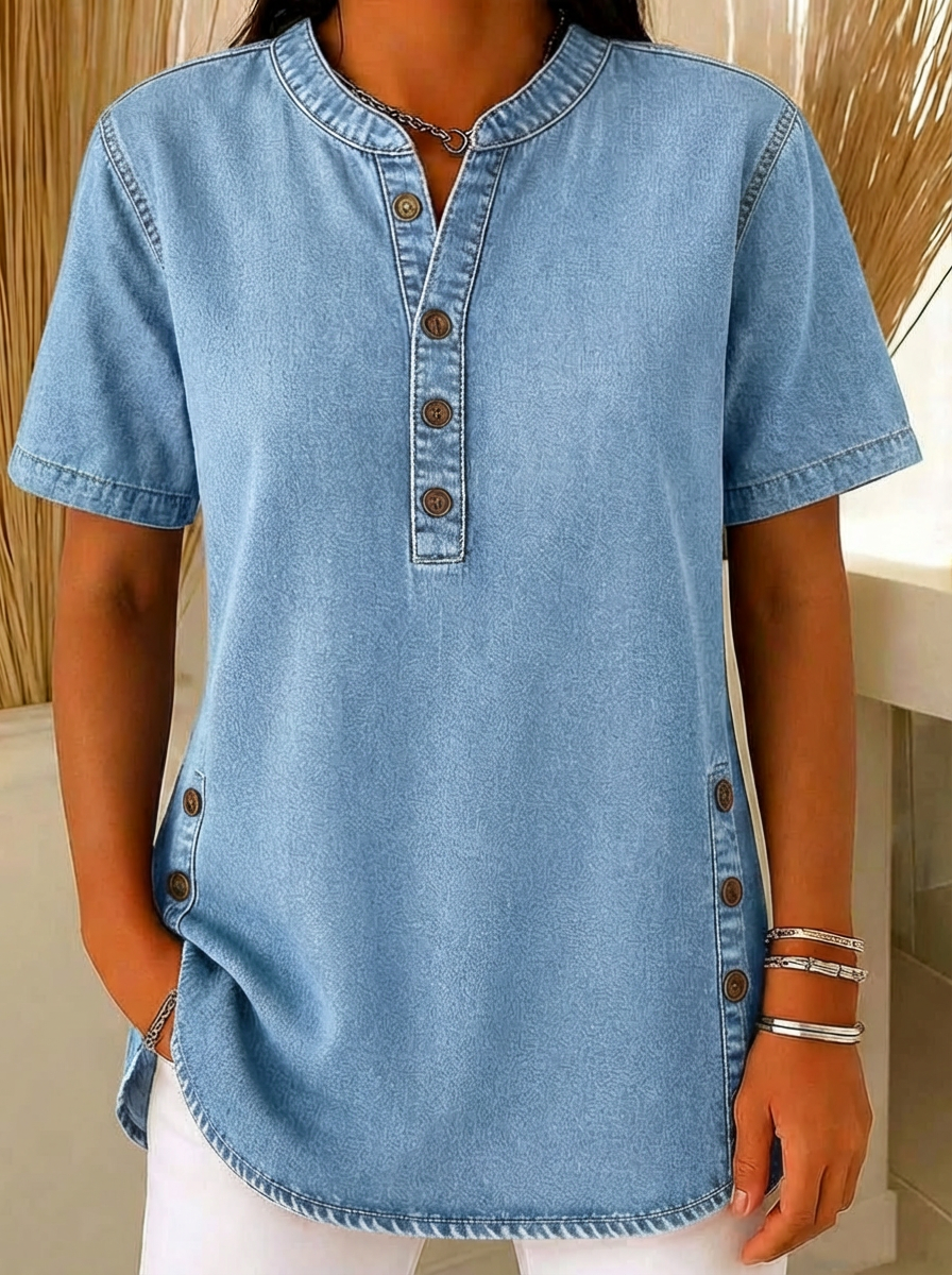 Denim Henley Button Placket Side Vent Casual Blouse