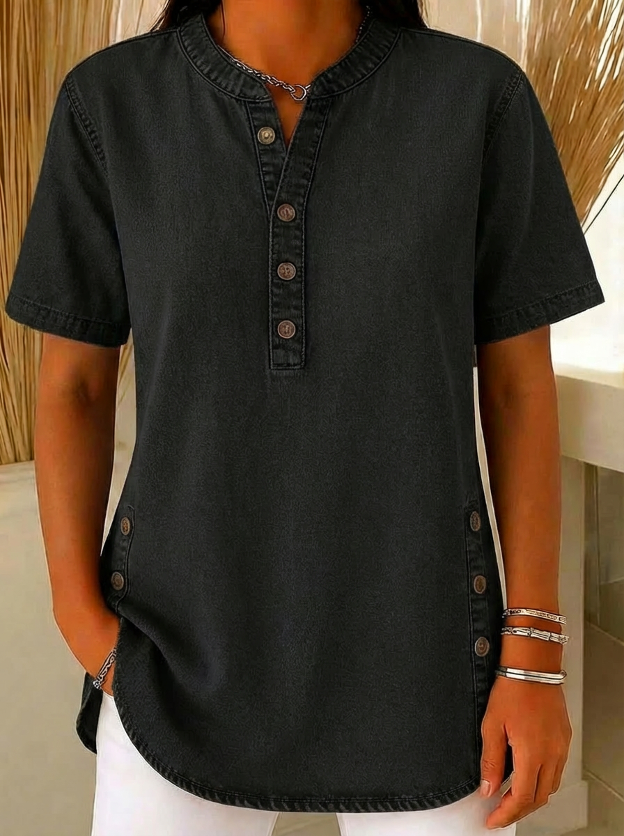Denim Henley Button Placket Side Vent Casual Blouse