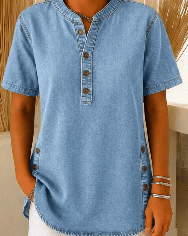 Denim Henley Button Placket Side Vent Casual Blouse