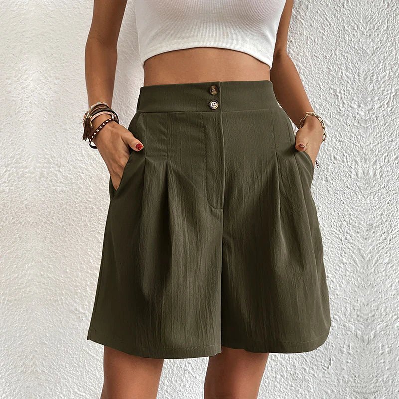 High Waist Double Button Pleated Wide Leg Casual Short