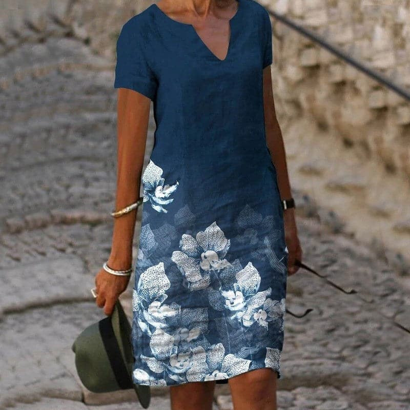 Floral Cotton V Neck Short Sleeve Ombre Casual Midi Dress