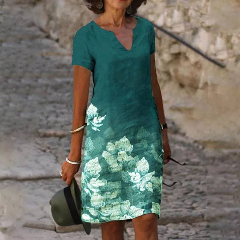 Floral Cotton V Neck Short Sleeve Ombre Casual Midi Dress
