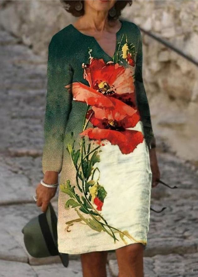 Floral Cotton V Neck Short Sleeve Ombre Casual Midi Dress
