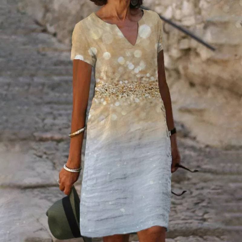 Floral Cotton V Neck Short Sleeve Ombre Casual Midi Dress