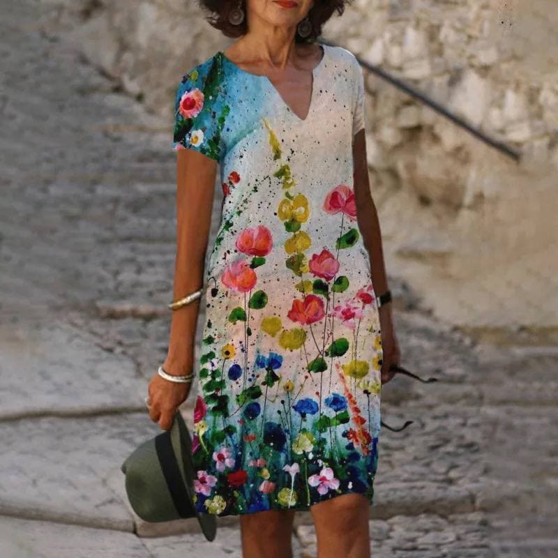 Floral Cotton V Neck Short Sleeve Ombre Casual Midi Dress