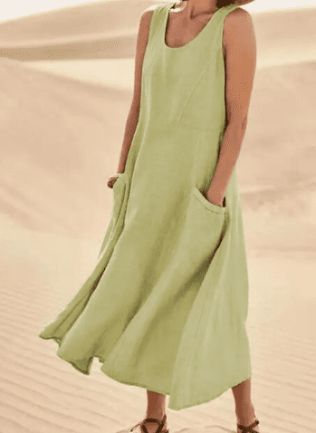 Linen Sleeveless Scoop Neck Pocket Casual Maxi Dress