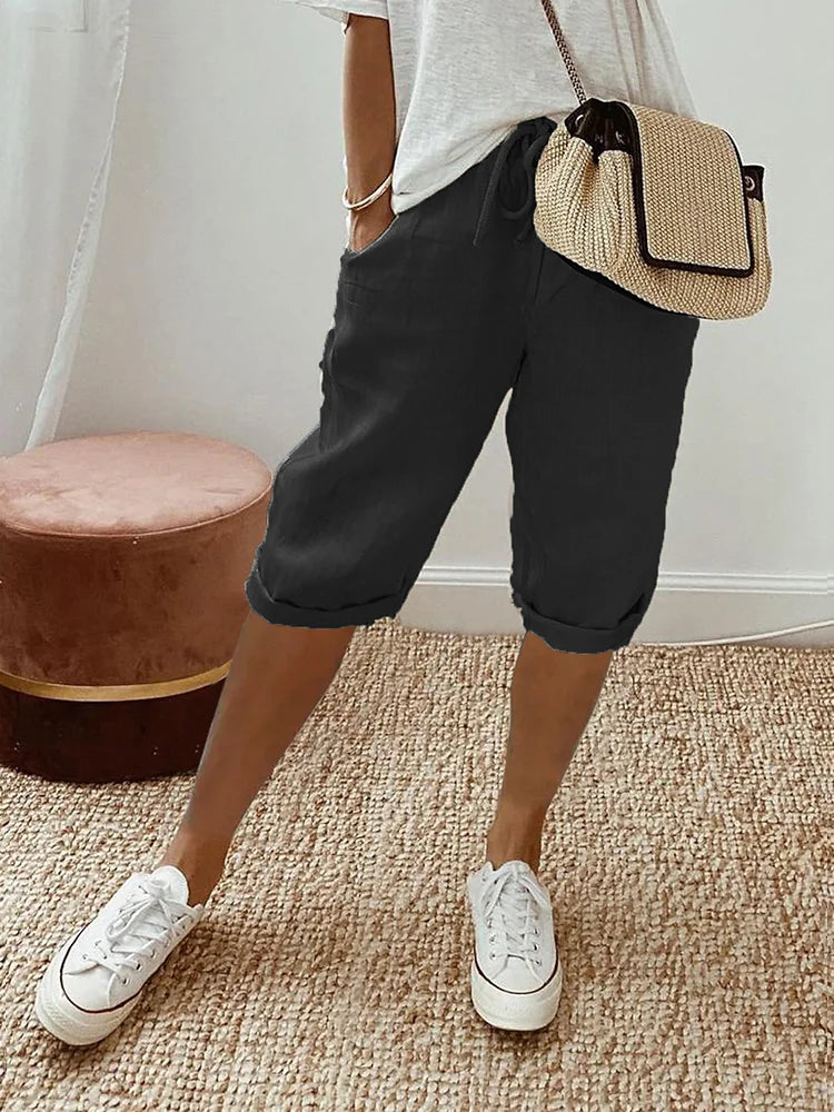 Drawstring Waist Roll Hem Cotton Casual Capri Pant
