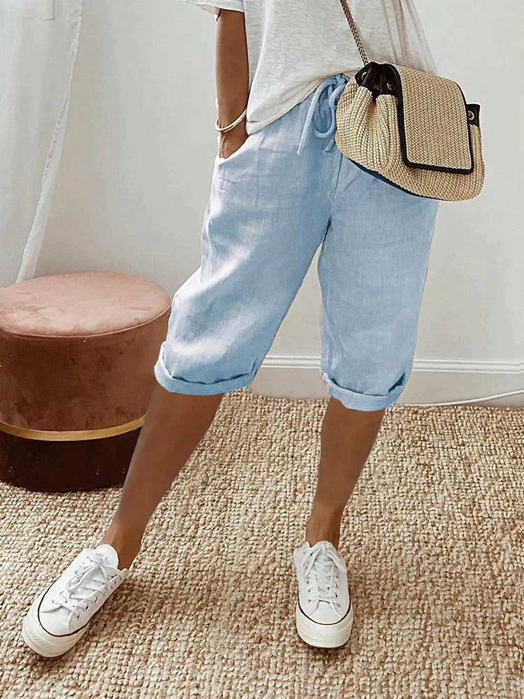 Drawstring Waist Roll Hem Cotton Casual Capri Pant