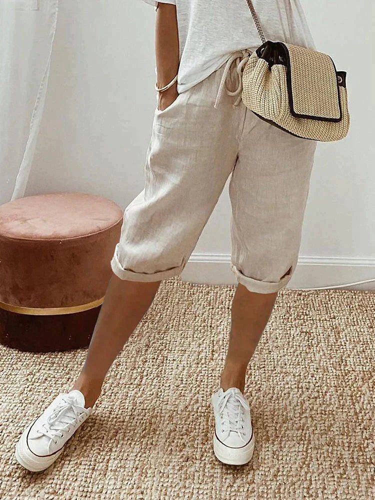 Drawstring Waist Roll Hem Cotton Casual Capri Pant