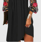 Floral Embroidered Mesh Sleeve V Neck Pleated Mini Dress