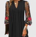Floral Embroidered Mesh Sleeve V Neck Pleated Mini Dress