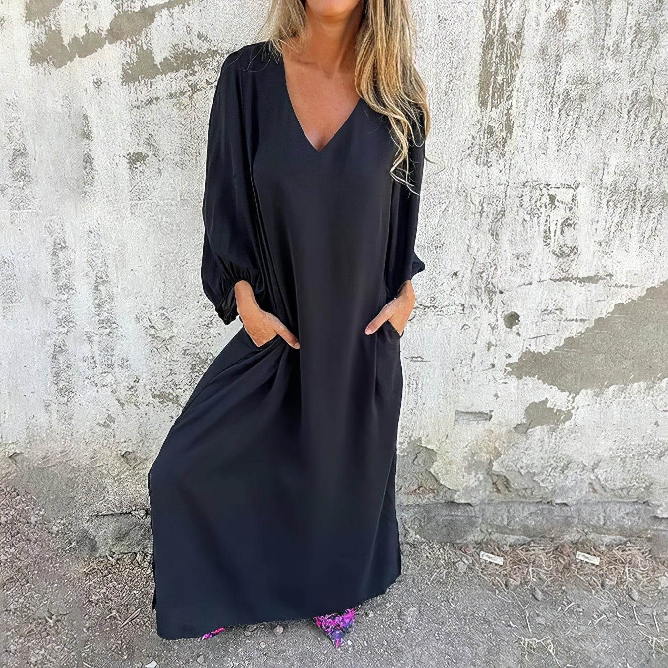 V Neck Puff Sleeve Side Split Pocket Flowy Casual Maxi Dress