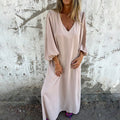 V Neck Puff Sleeve Side Split Pocket Flowy Casual Maxi Dress