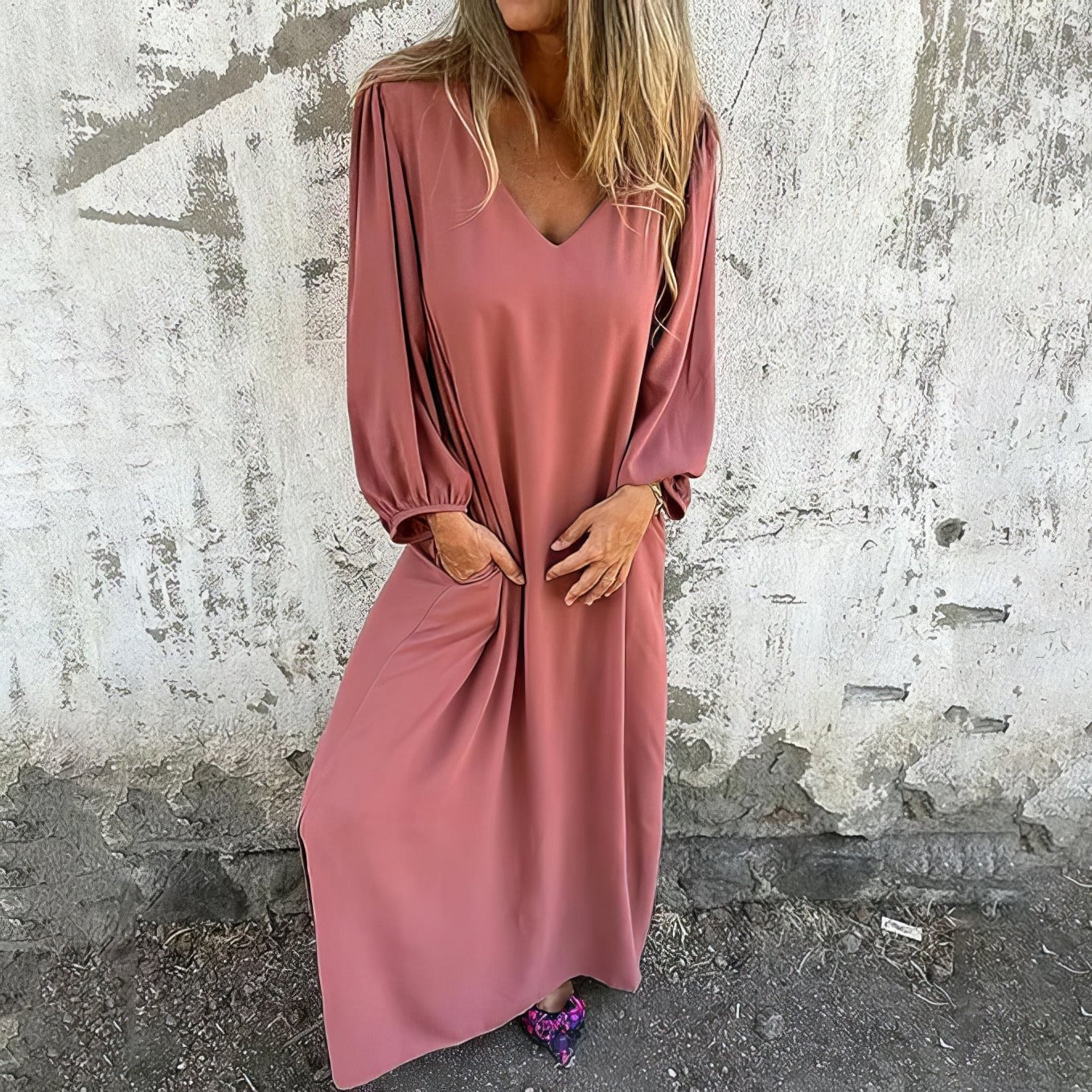 V Neck Puff Sleeve Side Split Pocket Flowy Casual Maxi Dress